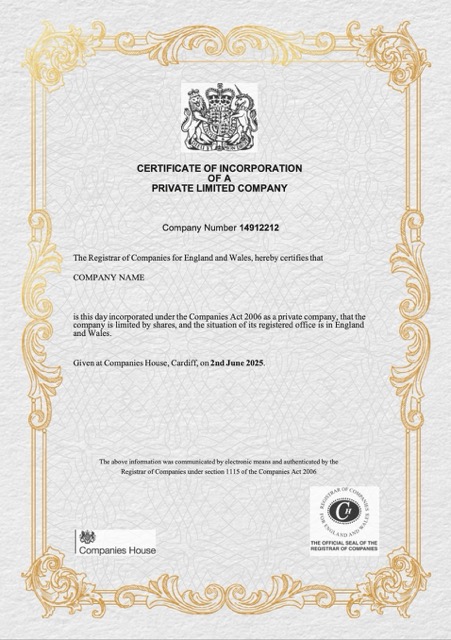 UK certificate of incorporation of a private limited company Word and PDF template, version 3